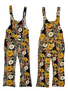 Run And Fly Jumpsuit Floral Overalls Bib 70's Retro Groovy Dungarees Twill Small